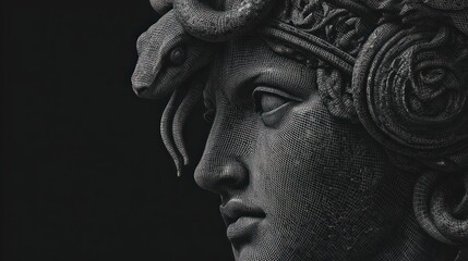 Marble bust of Medusa in profile with snakes for hair against a dark background