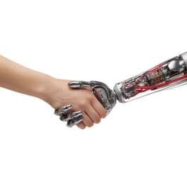 A woman's hand shaking hands with a robotic hand, symbolizing human-robot collaboration