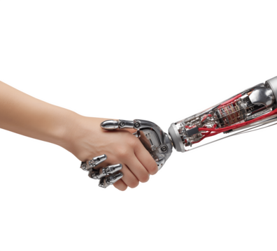 A woman's hand shaking hands with a robotic hand, symbolizing human-robot collaboration