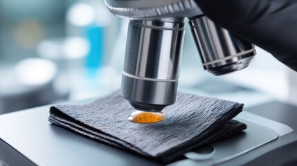 Microscope objective examining an orange droplet on dark textured fabric in a laboratory. Scientific research and material analysis.