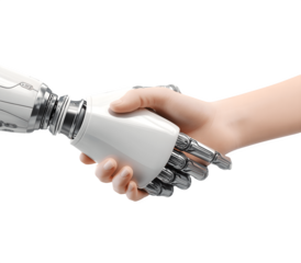 A woman's hand shaking hands with a robotic hand, symbolizing human-robot collaboration