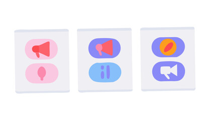 Collection of three stylized digital cards featuring icons for communication and media engagement including a megaphone play button and video camera symbol