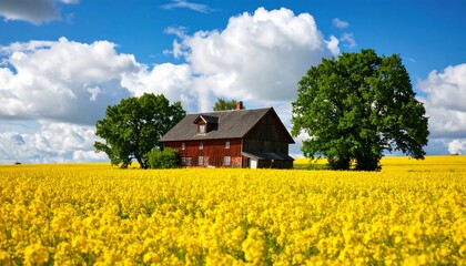 Rustic house in a vibrant rapeseed field