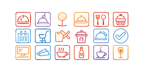 A collection of colorful hand drawn icons representing various services and amenities including food service shopping and leisure activities on a black background
