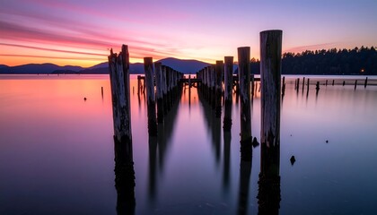 Wooden pilings at sunset on calm water