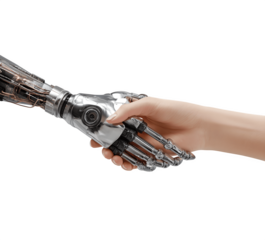 A woman's hand shaking hands with a robotic hand, symbolizing human-robot collaboration