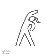 Exercise routine and fitness icon. Simple outline style. Woman stretching, physical, warm, activity, exercise, aerobic concept. Thin line symbol. Vector isolated design editable stroke