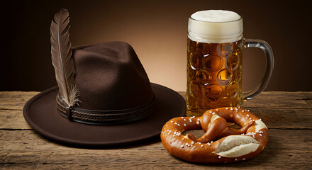 German Beer Garden Still Life with Pretzel, Beer Mug, and Traditional Hat