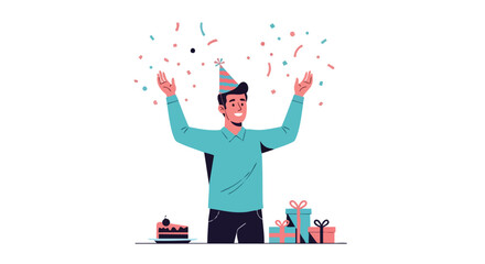 Joyful celebration with confetti: Man in birthday hat, gifts, and cake enhancing the festive atmosphere highlighting a special moment of revelry and