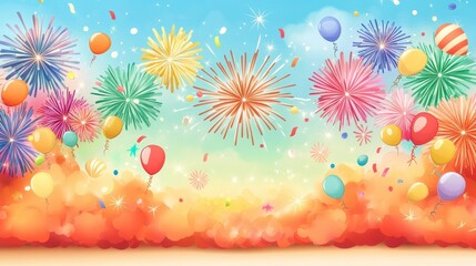 Obraz premium Colorful festive party celebration illustration background. Joy and happiness with fireworks, balloons, and fun event. Vibrant design, digital fantasy, creative concept, multicolored magical style.