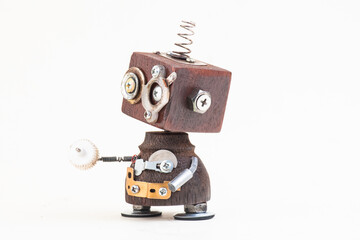 Wooden robot toy on isolated background