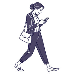 A professional businesswoman in a suit walks while looking at her smartphone carrying a messenger bag over her shoulder