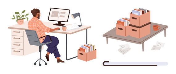Office worker organizing papers, using a computer at a neat desk with file boxes nearby. Ideal for productivity, data organization, paperwork, filing system, workflow, efficiency, simple flat