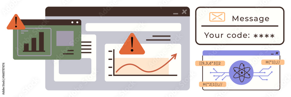Poster financial data with warnings on charts, system message with secure code, data processing graphics. i