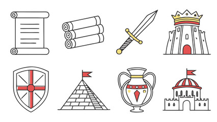 Collection of stylized historical icons including a scroll rolled documents a sword a castle with a crown a shield a pyramid an amphora and a domed building