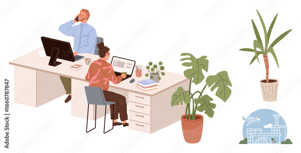 Poster two office workers multitask at a shared desk with computers and paperwork. green potted plants and 
