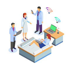 Isometric view of medical professionals using advanced technology in a healthcare setting with wifi signals

