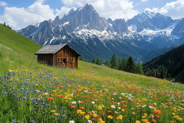 Fototapeta premium Peaceful Alpine Landscape with Wooden Hut and Scenic Mountains