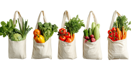 Reusable grocery bags filled with fresh vegetables on transparent background