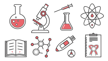 Collection of scientific research and laboratory equipment icons including a flask microscope syringe atom book molecule thermometer and certificate on a white background