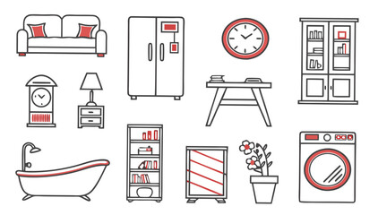 A collection of simple line art icons representing various household furniture and appliances with red accents for a modern minimalist aesthetic