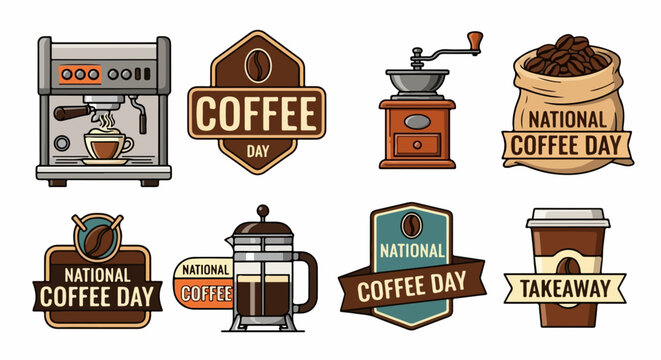 Celebrate National Coffee Day with iconic brewing tools and festive emblems