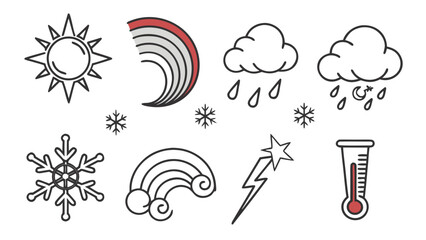 Collection of weather icons including sun rainbows snowflakes rain clouds lightning bolt and thermometer on a white background