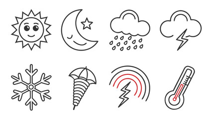 Collection of weather icons including a smiling sun crescent moon with star rain cloud lightning cloud snowflake tornado thunderstorm and thermometer