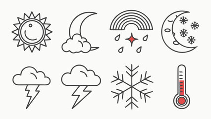 Collection of simple line art weather icons including sun moon clouds lightning rainbow snowflake and thermometer on a white background