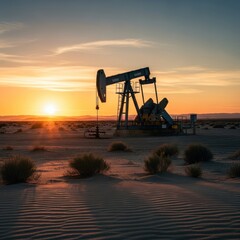 Naklejka premium Desert Pump Jack Silhouetted Against a Golden Sunset Over Rippled Sands