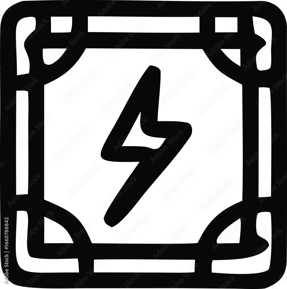 Poster bold black lightning bolt symbol enclosed in a decorative square frame with rounded corners suitable