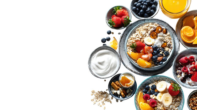 Set of healthy breakfast with fruits oats and yogurt on transparent background