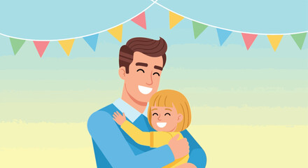 Fototapeta premium A happy father hugging his daughter under festive banners, celebrating Father's Day.