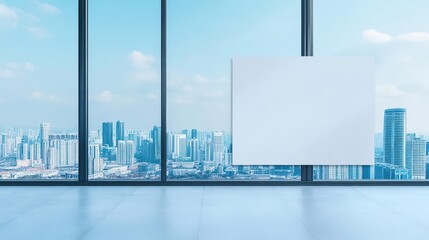 Obraz premium Modern corporate office space with large floor-to-ceiling offe a panoramic city skyline view and a blank whiteboard for presentations or brainstorming