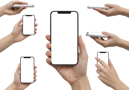 Versatile Smartphone Mockup: Multiple Hands & Angles, Blank Screen Isolated on Transparent Background