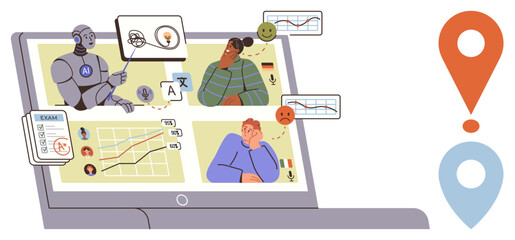 Robot tutor interacts with students via virtual classroom on laptop screen. Charts, progress graphs, and interactive tools displayed. Ideal for education, remote learning, AI, diversity, technology