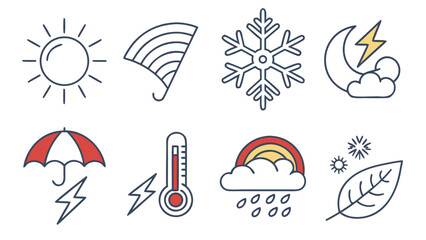 A collection of stylized weather icons including sun rainbow snowflake stormy moon umbrella with lightning thermometer rainy rainbow and falling leaves with sunbursts
