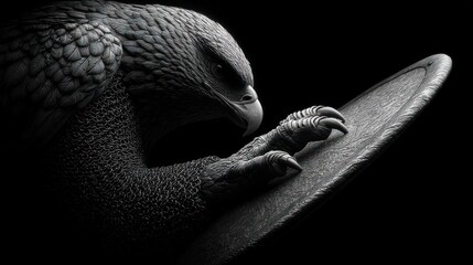 Dramatic grayscale rendering of an eagle on a flat surface, dark background