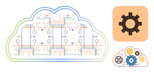 Cloud shape integrated with dynamic circuits and gear symbols representing computing, data processes, networks. Ideal for technology, innovation, connectivity, cloud systems, IT infrastructure