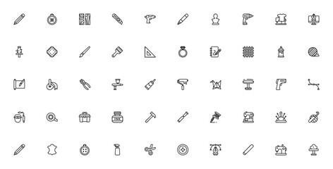 Art and Craft icon set. Vector illustration. Includes tools for drawing, sewing, painting, pottery, jewelry making and more. Editable stroke.