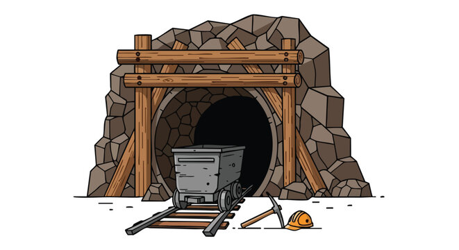 Cartoon illustration depicting the entrance to a mine, featuring a minecart and mining tools against a white backdrop for stock imagery