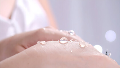 Naklejka premium Close-Up of a Woman's Hand with Water Droplets on Skin Against a Soft Light Background