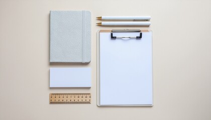 Minimalist Stationery Mockup: Notebook, Clipboard, Pens, Ruler, Business Card.
