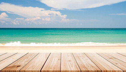 Fototapeta premium Empty wooden table on a beautiful tropical beach with a wooden floor under the summer sun, overlooking the blue sea and sky horizon
