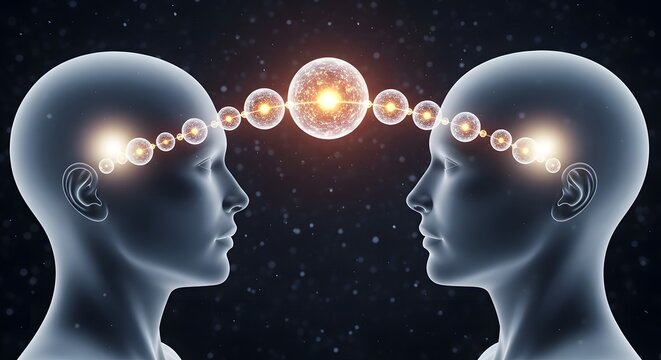 Two human heads connected by glowing energy creating a powerful mind connection