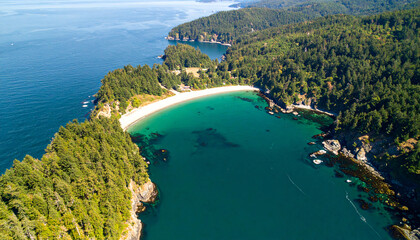Fototapeta premium Aerial drone view of the Blue Lagoon, featuring turquoise sea, heavenly white sand beaches and cruise ships.
