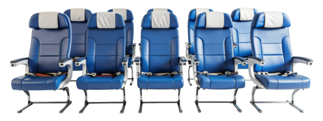 Airplane seats displayed in various arrangements, set against a transparent background. 3D Rendering of seating layout concept showcasing comfort and design.