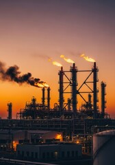 Obraz premium Industrial Refinery at Sunset: Flames, Smoke, and Infrastructure Silhouette.