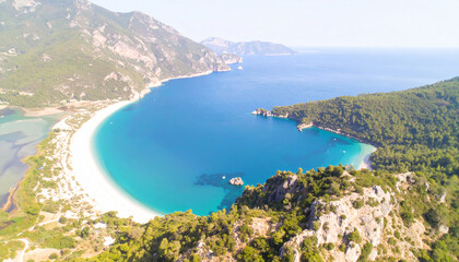 Obraz premium Aerial drone view of the Blue Lagoon, featuring turquoise sea, heavenly white sand beaches and cruise ships.