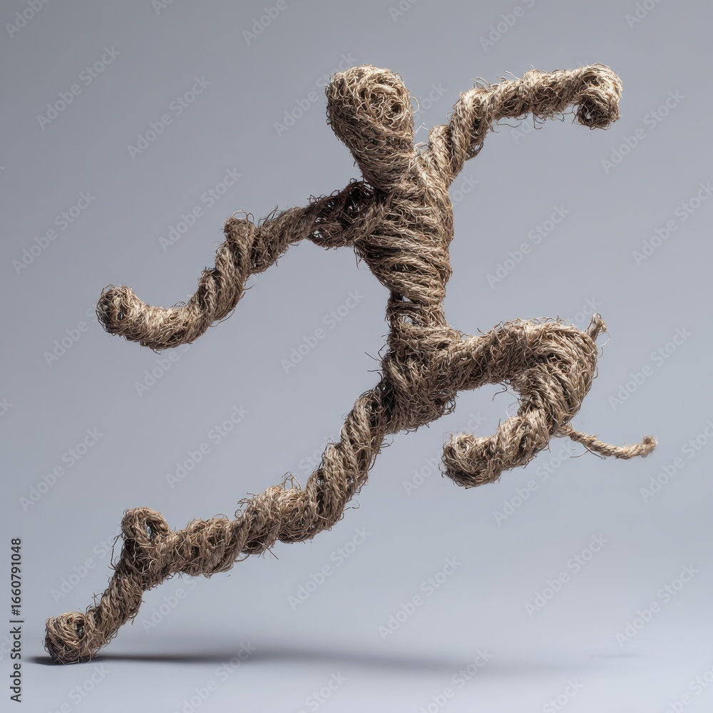 Aufkleber abstract representation of a running figure made from twisted natural fiber, capturing movement and 